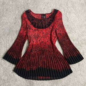 New Directions Petite Red Black Ombre Pleated Blouse Beaded Mesh Neck PL